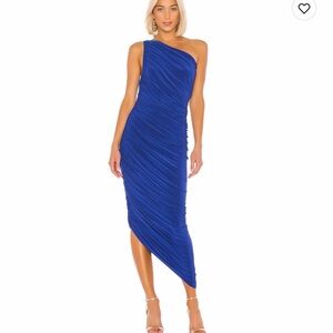 One-Shoulder Ruched Midi Dress in Royal Blue